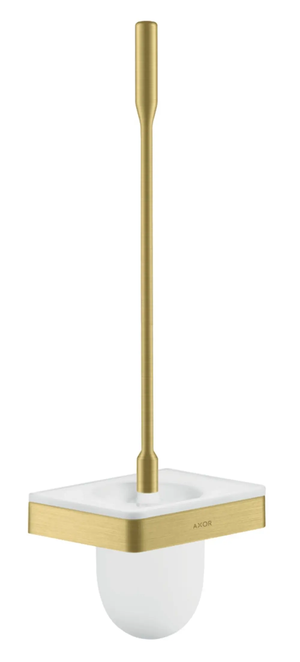 Wandmontierter Toilettenbürstenhalter in gebürstetem Messing mit einer weißen Halterung, entworfen von AXOR. Minimalistisches Design mit einer eleganten Ausführung.